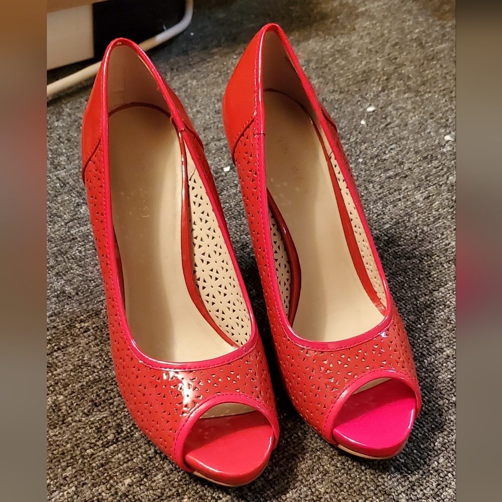 2/$55 red patent leather 5 inch wedges with adorable cut outs
